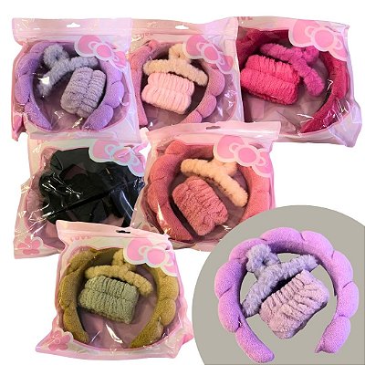 Kit Faixa, Acessório de Cabelo + Presilha Pelúcia para Skin Care MM5545 - Pcte c/ 06 unid