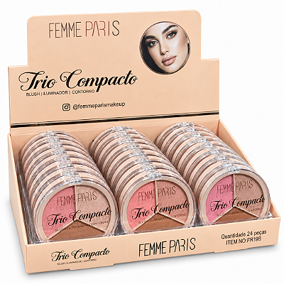 Paleta de Blush Contorno e Iluminador 3 em 1 Femme Paris FR198 - Box 24unid