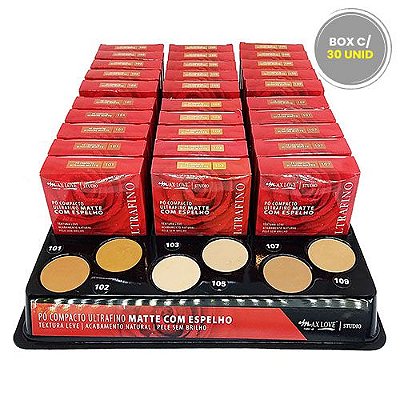 Pó Compacto Matte Ultrafino com Espelho Tons Médios e Escuros 101 ao 109 Max Love - Box c/ 30 unid