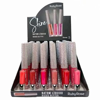 Batom Líquido Shine Kisses Glitter Ruby Rose Group 03 HB-8223 – Box c/ 36 unid