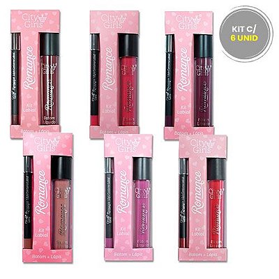 Batom Líquido Matte + Lápis Contorno Labial Romance City Girls CG178 - Kit c/ 06 unid