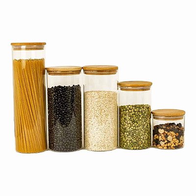 Kit 5 Potes Herméticos de vidro circular – 2000ml / 1650ml / 1100ml e 500ml – Bambu