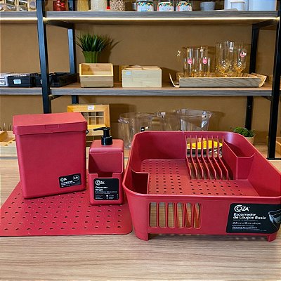 Kit Pia Coza Vermelho - Escorredor, Lixeira, Grade de Pia e Dispenser