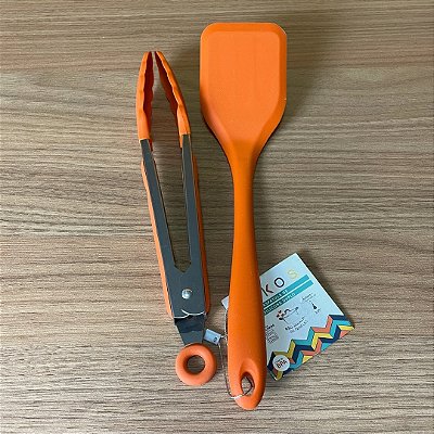 Kit Utensílios de Silicone Laranja – Espátula Lisa + Pegador com Trava