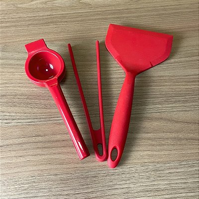 Kit Utensílios de Cozinha Vermelho – Espremedor de Limão + Pegador Pequeno + Espátula Larga