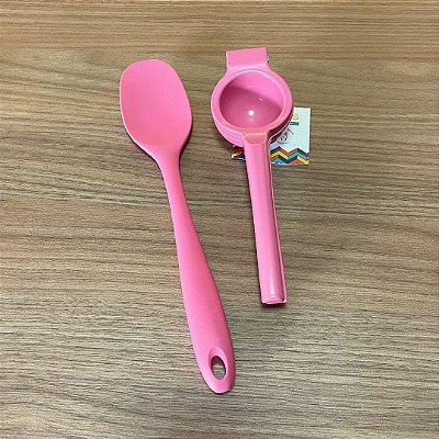 Kit Utensílios de Cozinha Rosa – Espátula Redonda de Silicone + Espremedor de Limão