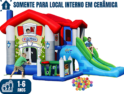 Pula-Pula BIG HOUSE (para local interno em cerâmica) (6x1: pula-pula, bolinhas, tobogã, mini-escalada, túnel e atividades) (área total: 6m x5,5m / altura: 2,80m)