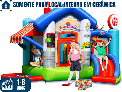 Pula-Pula HAPPY STORE (para local interno em cerâmica) (5x1: pula-pula, bolinhas, mini-escorrego, obstáculo e atividades) (área total: 4,5m x 4m / altura: 2,1m)