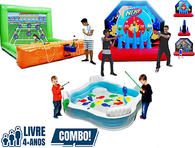 Promo Kit Park Esportivo com 3 Infláveis (4 jogos): Tênis Inflável Premium, Pescaria, Tiro ao Alvo Nerf  e Corrida Radical (área total: 9m x 4m / altura: 2m)