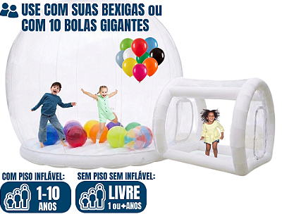 BUBBLE HOUSE PREMIUM inflável transparente (2 opções de uso: chão pula-pula para crianças ou piso não-inflável para qualquer idade) (4m x 5,5m/ altura: 3,10m)