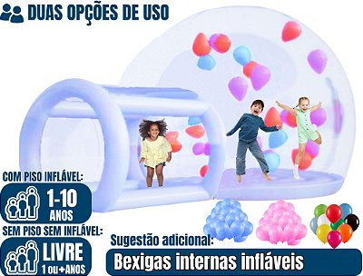 BUBBLE HOUSE PREMIUM inflável transparente (2 opções de uso: chão pula-pula para crianças ou piso não-inflável para qualquer idade) (4m x 5,5m/ altura: 3,10m)