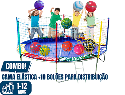 PROMO KIT: CAMA ELÁSTICA (qualquer tamanho) com BOLAS GRANDES para distribuição com as crianças (40cm cada bola)