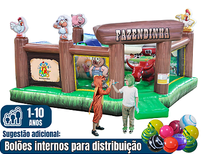 FAZENDINHA (5x1: pula-pula, escorregador, escalada, touro e personagens infláveis)  (6,30m x 5,40m / altura: 2,70m)