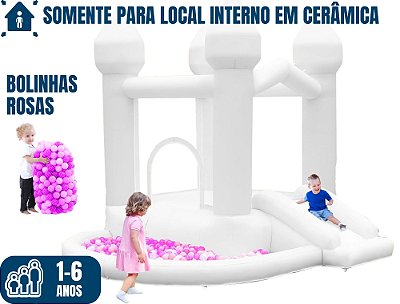 Pula Pula CASTELINHO BRANCO BABY com BOLINHAS COR-DE-ROSA (para local interno em cerâmica) (3x1: pula-pula, bolinhas e mini-escorrego) (área total: 3,5m x 3m / altura: 2,40m)