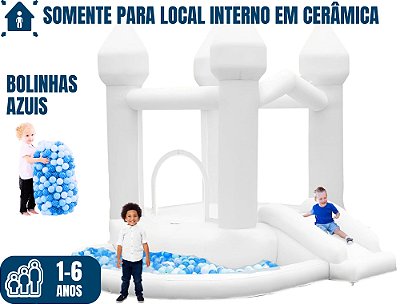 Pula Pula CASTELINHO BRANCO BABY com BOLINHAS AZUIS  (para local interno em cerâmica) (3x1: pula-pula, bolinhas e mini-escorrego) (área total: 3,5m x 3m / altura: 2,40m)