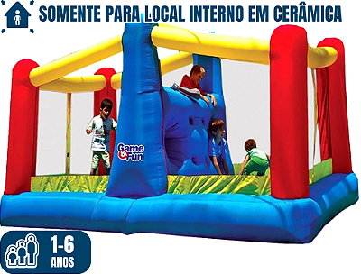 Pula Pula GAME & FUN (para local interno em cerâmica) (3x1: pula pula, obstáculos, escalada) (área total: 4,5m x 3m / altura: 2,30m)