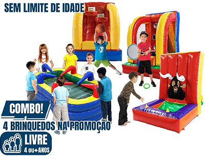 PROMO KIT: PARQUINHO INFLÁVEL (4 Jogos: Basquete, Tênis, Argolas e Mesa de Futebol) (área total: 8m x 2,50m / altura: 1,50m)