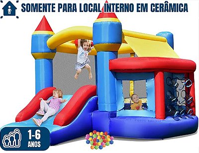 Pula-Pula CASTELINHO ENCANTADO (para local interno em cerâmica) (4X1: pula-pula, bolinhas, mini-rampa e atividades) (3,5m x 3m / altura: 2m)