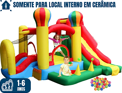 Pula Pula CASTELO MÁGICO (para local interno em cerâmica) (5x1: pula-pula, bolinhas, tobogã, mini-escalada e mini-escorrego) (área total: 5m x 5m / altura: 2,10m)