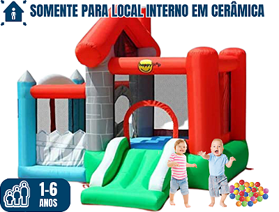 Pula-Pula CASINHA FELIZ (para local interno em cerâmica) (3x1: pula-pula, bolinhas e mini-escorrego) (área total: 3,5m x 3m / altura: 2,10m)