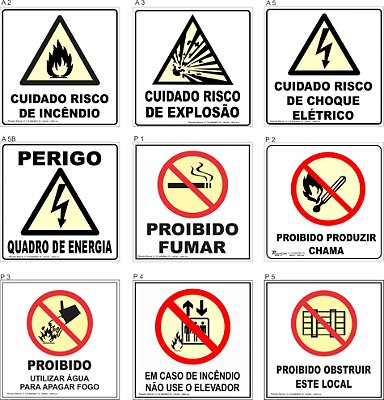 Placas de Alerta e Proibido, medida 200x200x05mm kit com 10 un. a escolha