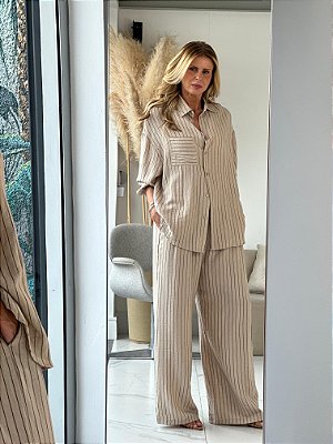 CALÇA LINHO LISTRAS CAPPUCINO