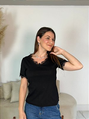 BLUSA DECOTE V RENDA PRETO