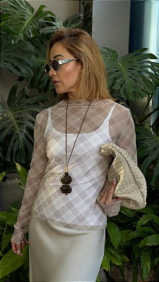 BLUSA XADREZ TULE BEGE