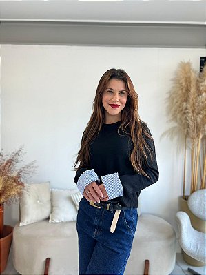 BLUSA MODAL COM TRICOLINE PRETO