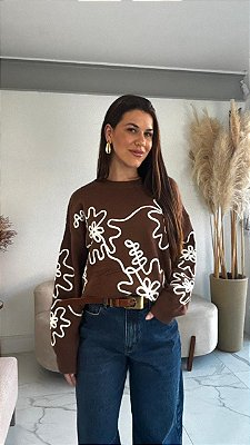 BLUSA MODAL BORDADO OFF/MARROM