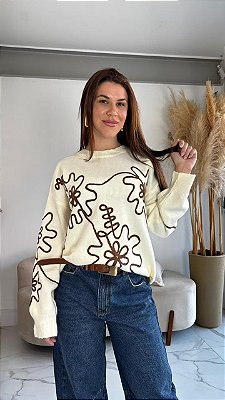 BLUSA MODAL BORDADO MARROM/OFF