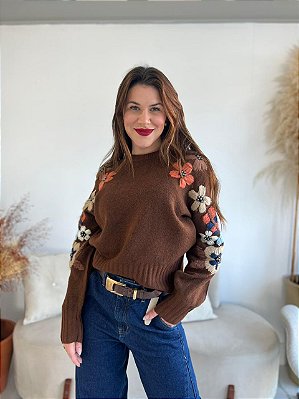 BLUSA MODAL BORDADO FLOR MARROM