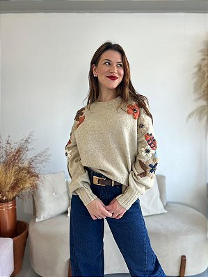 BLUSA MODAL BORDADO FLOR BEGE