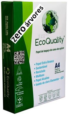 Ecoquality A4, Zero árvores, cx c/10 pcts 500fls, Extra Branco 75grs- 100% de Bagaço de Cana de Açúcar