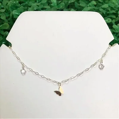 Pulseira pedras borboleta 3D + pedra coração- CPU018 ( Prata 925 )