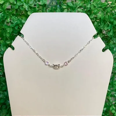 Pulseira rosto gato com zircônias rosa- CPU033 ( Prata 925 )