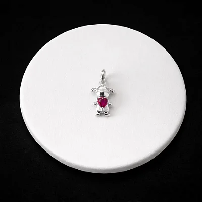 PINGENTE MÉDIO MENINA COM PEDRA ROSA CENTRAL P123 ( Prata 925 )