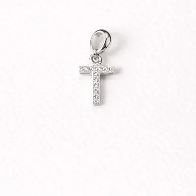 Berloque com letra T cravejado de zircônia BQ038 ( Prata 925 )