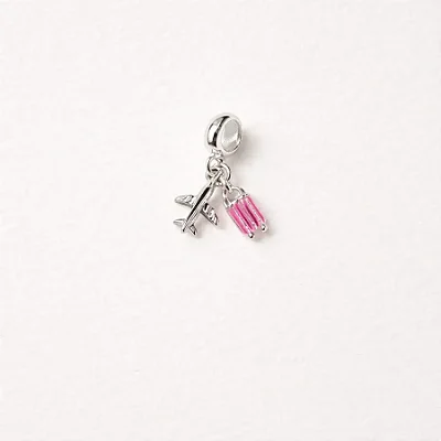 Berloque avião e mala rosa BQ086 ( Prata 925 )