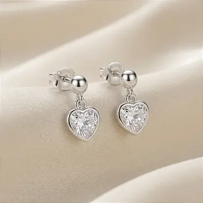 brinco zircônia de coração 6,0mm prata ao redor B003 ( Prata 925 )