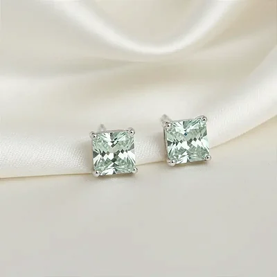 Brinco zircônia verde água quadrada - P B082 ( Prata 925 )