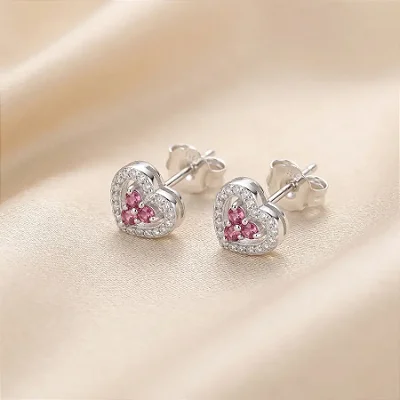 CORAÇÃO 3 ZIRC ROSA CRAVEJADO AO REDOR B213 ( Prata 925 )