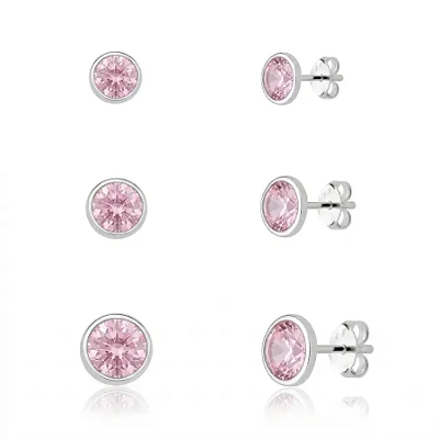 TRIO REDONDO ROSA COM PRATA AO REDOR BT008 ( Prata 925 )