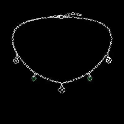 Chocker com trevo da sorte e zircônias coração verde escuro CCH019 ( Prata 925 )