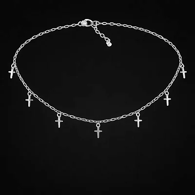 Chocker com 7 pingentes cruz lisa pendurada CCH024 ( Prata 925 )