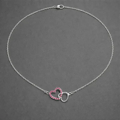 GARGANTILHA CORAÇÃO CRAVEJADO PINK M E CORAÇÃO LISO P GGT007 ( Prata 925 )