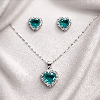 COLAR PINGENTE PEDRA CORAÇÃO + BRINCO AZUL CLARO CJ006 (Prata 925)