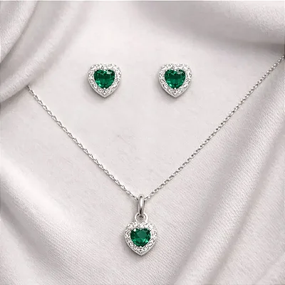 Pingente e brinco coração com zircônia verde CJ015 (Prata 925)