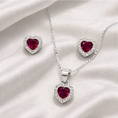 COLAR PINGENTE + BRINCO DE CORAÇÃO PEDRA PINK COM ZIRC. CRAVEJADAS AO REDOR CJ032 (Prata 925)