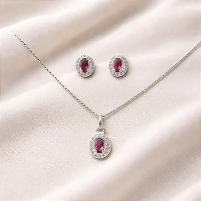 colar pingente + brinco oval com pedra central pink com zircônias cravejados na volta CJ035 (Prata 925)